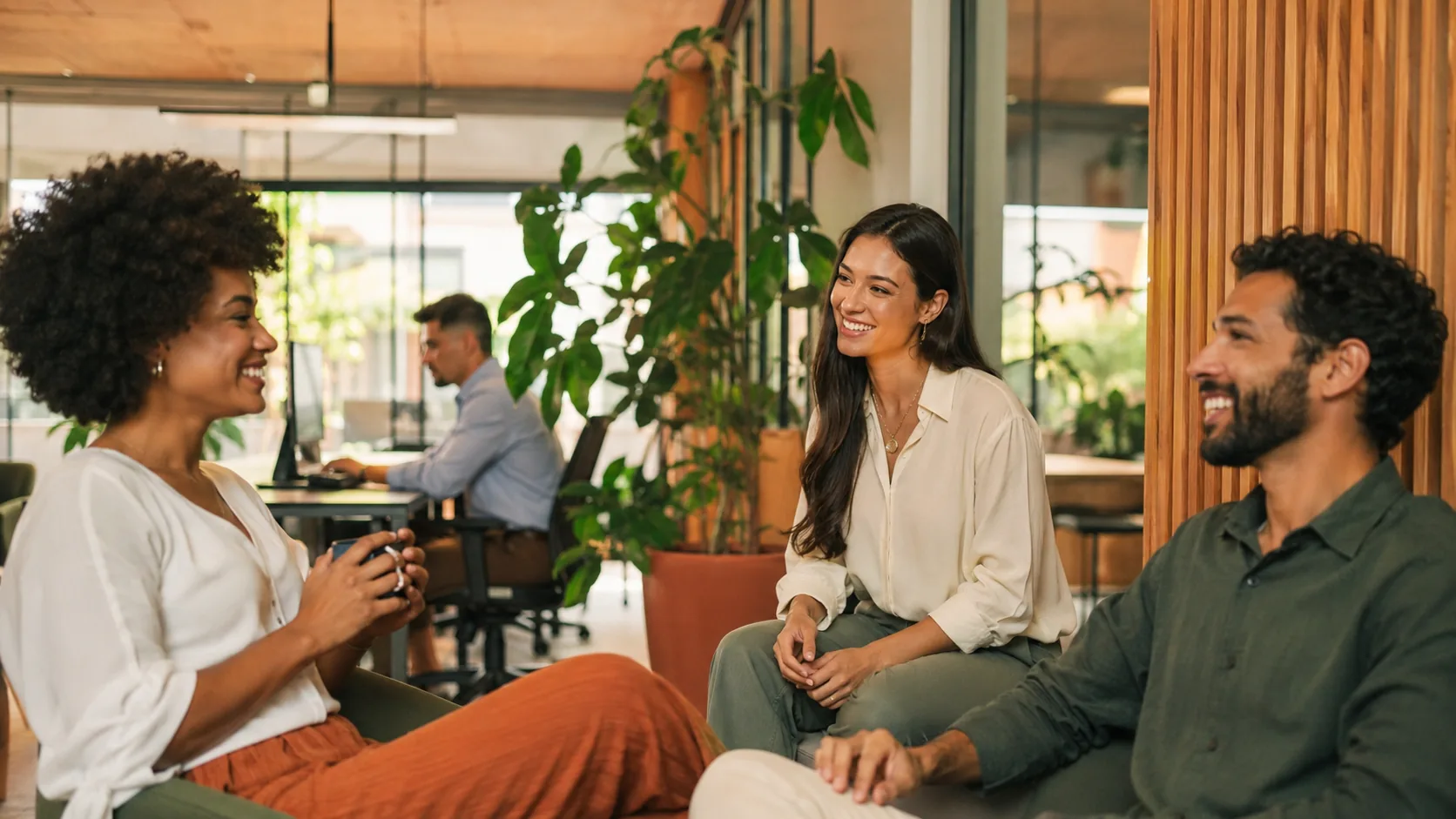 Equipe em conversa de escuta organizacional num ambiente de trabalho acolhedor